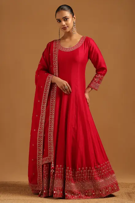 Red Georgette Solid Gown With Sequins
